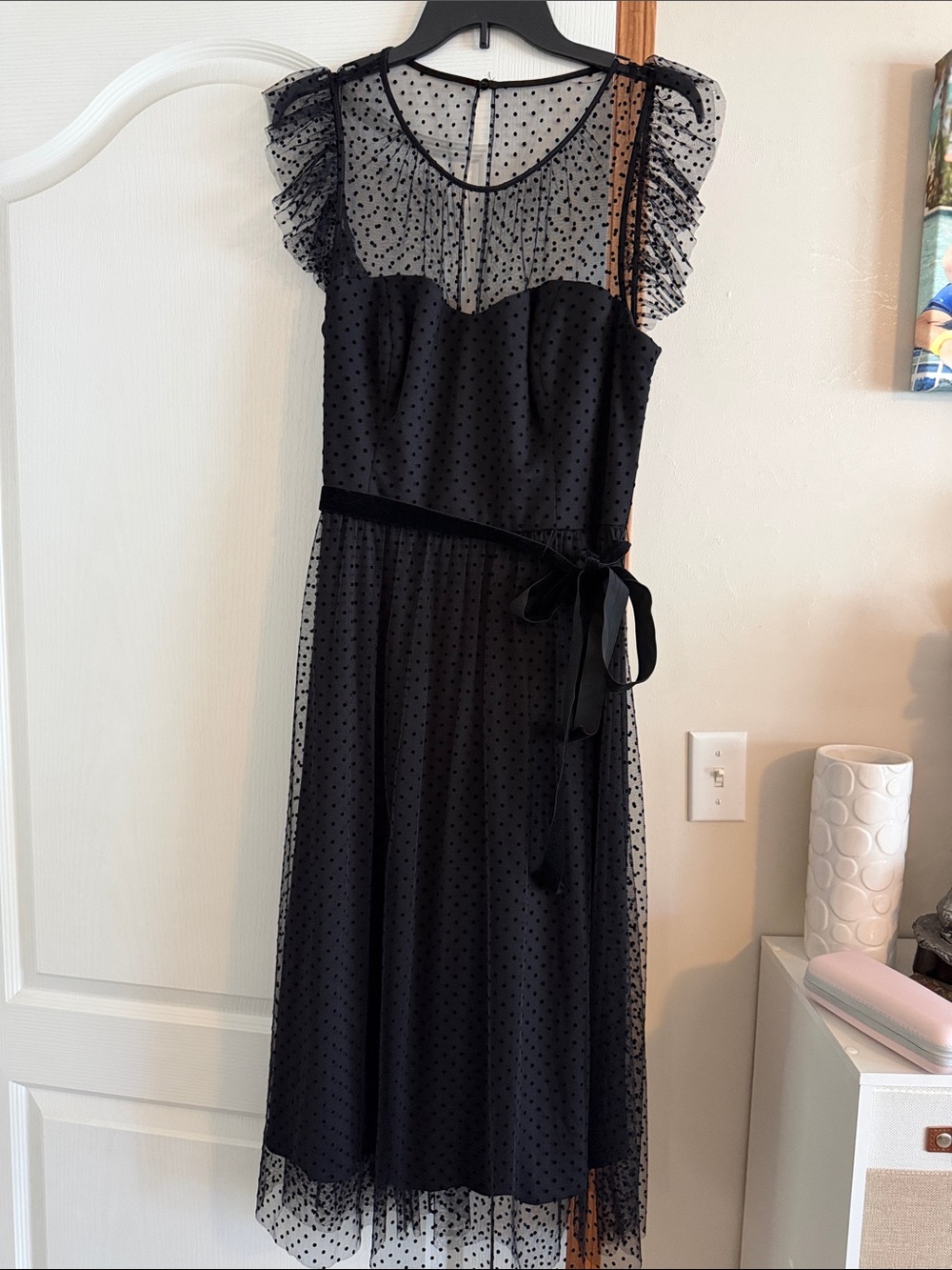 Jason Wu Black Polka Dot Tulle Midi Dress with Ribbon Waist